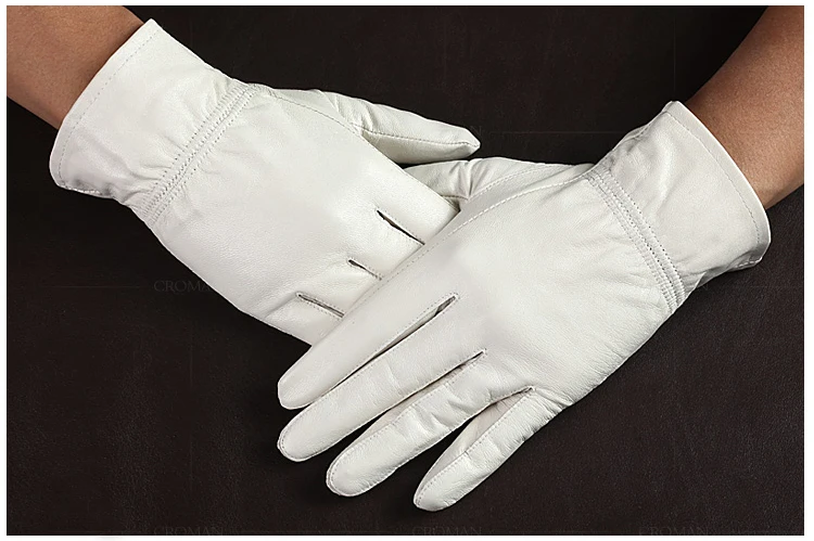 Fashion Quality Genuine Leather White Gloves For Man Solid Wrist Full Finger Lambskin Mittens Warm Winter Windproof Driving