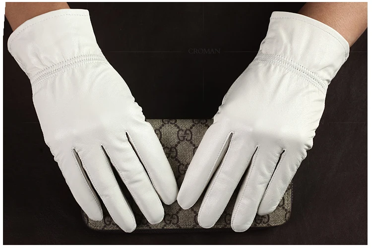 Fashion Quality Genuine Leather White Gloves For Man Solid Wrist Full Finger Lambskin Mittens Warm Winter Windproof Driving