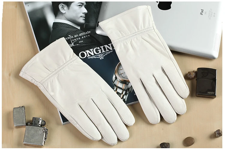 Fashion Quality Genuine Leather White Gloves For Man Solid Wrist Full Finger Lambskin Mittens Warm Winter Windproof Driving