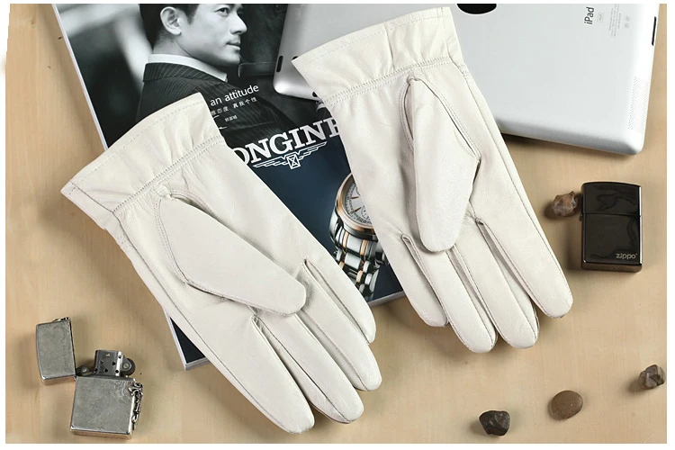 Fashion Quality Genuine Leather White Gloves For Man Solid Wrist Full Finger Lambskin Mittens Warm Winter Windproof Driving