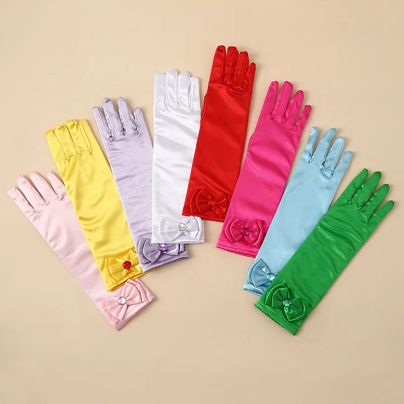 Children Satin Sequins Bow Long Gloves Princess Dance Performance Stage Gloves Girls Solid Full Finger Mittens Accessories