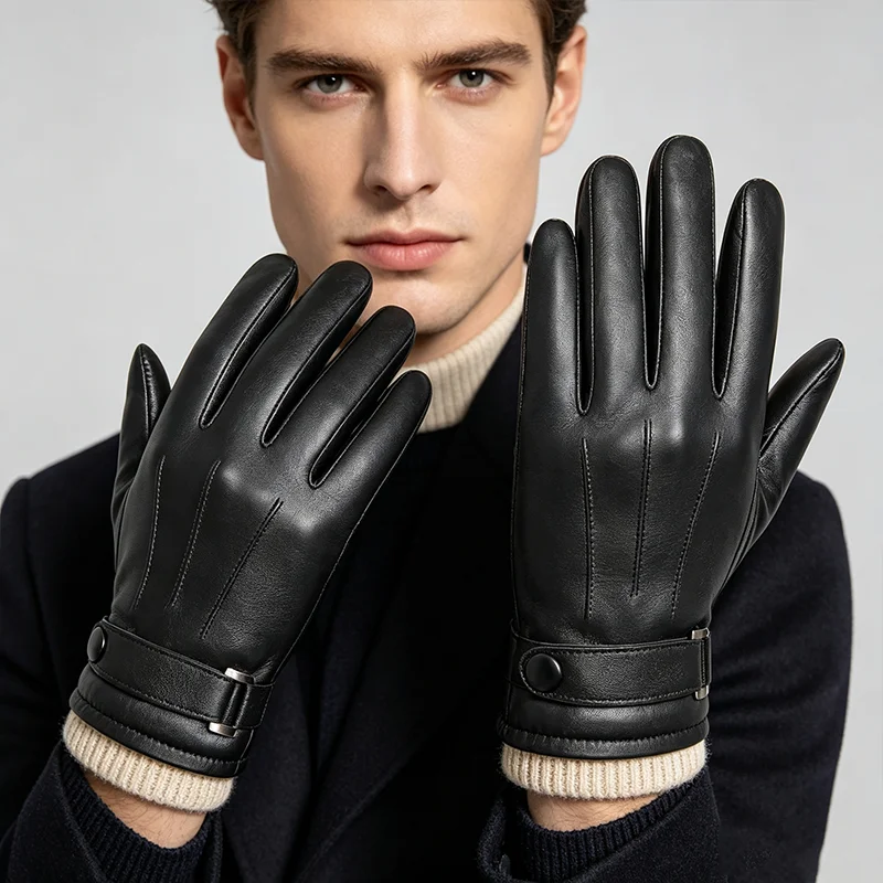 New Men's Genuine Sheepskin Gloves Full Finger Touch Screen Gloves Winter Warm Fashion Business Multiple Size Options
