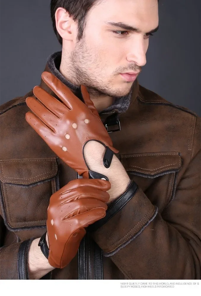 New Arrival Mens Gloves Goatskin Leather Riding Driving Gloves Full Finger Non unlined Slip Mitten For Male Real Leather Gloves