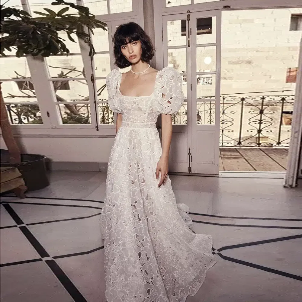 Square Collar Lace Illusion Wedding Bridal Gown A-line Backless Train Wedding Bridal Dress with Short Sleeve Customized