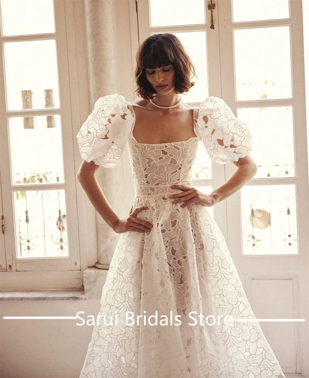 Square Collar Lace Illusion Wedding Bridal Gown A-line Backless Train Wedding Bridal Dress with Short Sleeve Customized