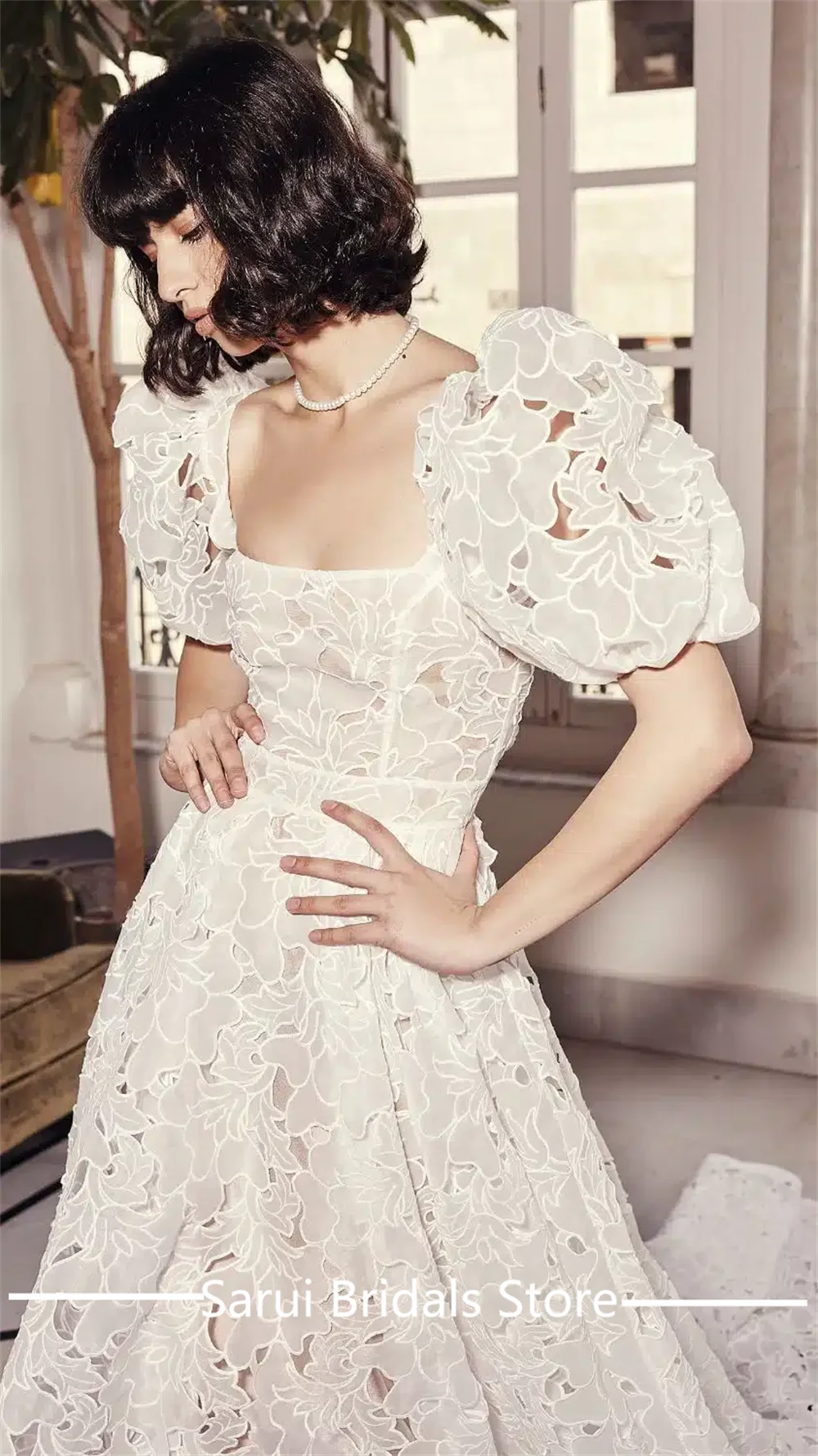 Square Collar Lace Illusion Wedding Bridal Gown A-line Backless Train Wedding Bridal Dress with Short Sleeve Customized