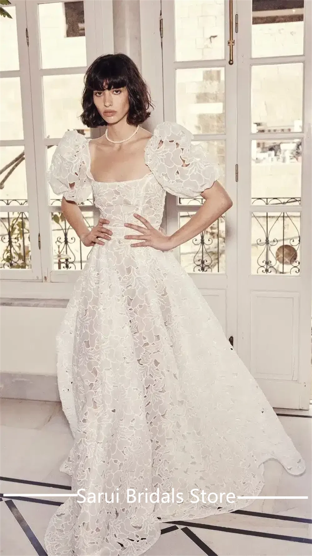 Square Collar Lace Illusion Wedding Bridal Gown A-line Backless Train Wedding Bridal Dress with Short Sleeve Customized