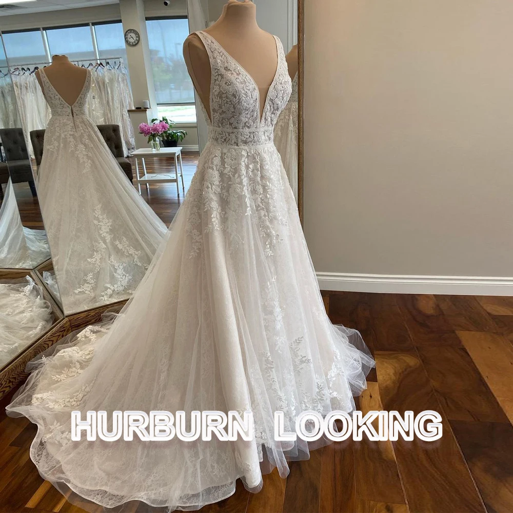 HERBURN Trendy Pleated Wedding Dresses New Arrival Appliques A-line Lace up Sleeveless Robe De Soiree De Mariage Customized