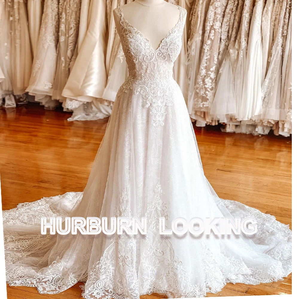 HERBURN Trendy Pleated Wedding Dresses New Arrival Appliques A-line Lace up Sleeveless Robe De Soiree De Mariage Customized