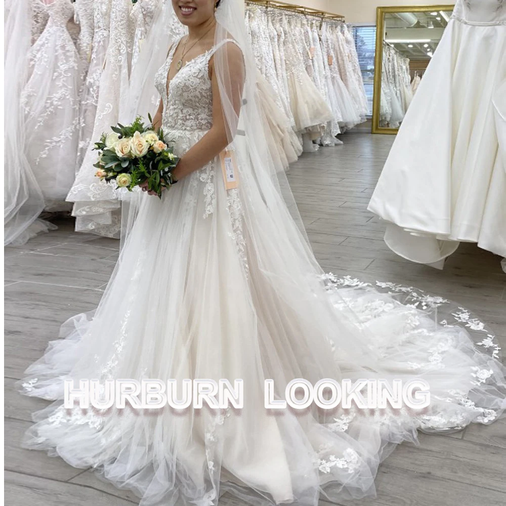 HERBURN Trendy Pleated Wedding Dresses New Arrival Appliques A-line Lace up Sleeveless Robe De Soiree De Mariage Customized