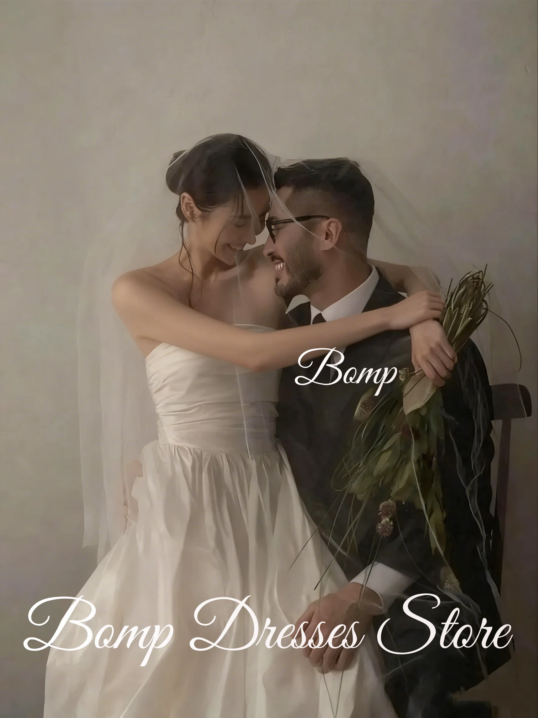 BOMP Simple A Line Taffeta Korea Wedding Dress Customized Photoshoot Strapless Corset Back Floor Length Bridal Gown Plus Size