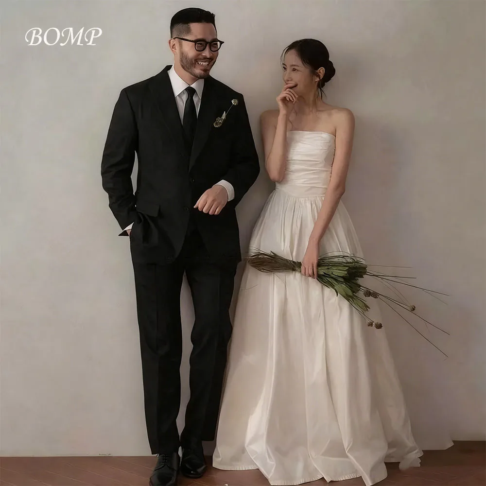 BOMP Simple A Line Taffeta Korea Wedding Dress Customized Photoshoot Strapless Corset Back Floor Length Bridal Gown Plus Size