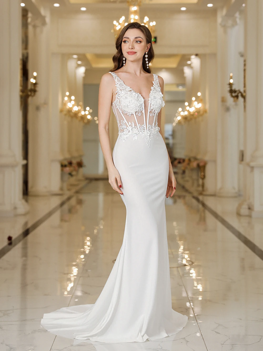 MisShow Elegant Straps White Mermaid Wedding Dresses Lace Pearls Backless V Neck Sleeveless Formal Party Gowns Vestido Marriee