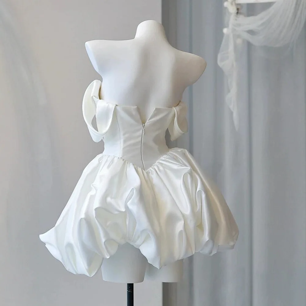 Korea Mini Short Wedding Party Dresses Wedding Photoshoot Strapless Beaded Taffeta Bolero Bride Gowns Corset Back Customized
