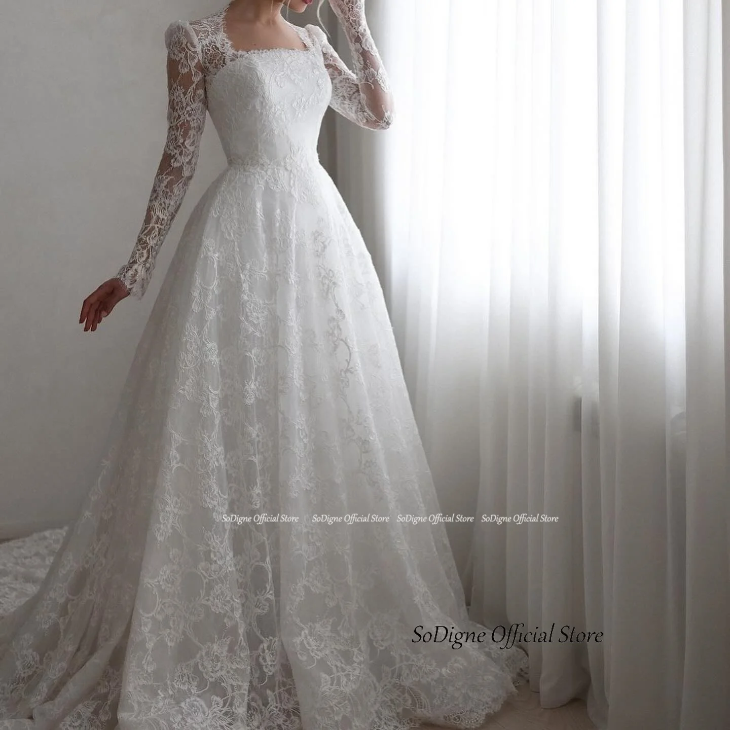 SoDigne A-line Boho Lace Wedding Dress Full Sleeves Square Collar Bride Dresses Long Bridal Gowns Vestidos De Novia Customized