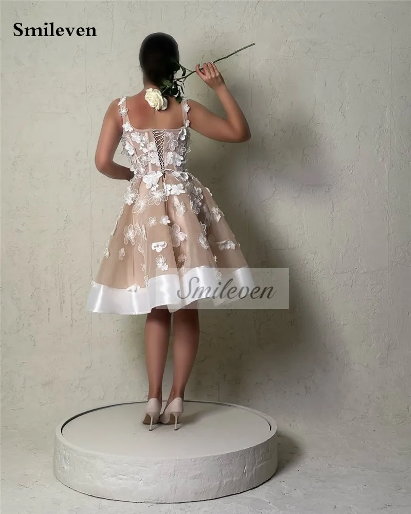 Smileven 3D Lace Flowers Wedding Dresses Champlgne Spaghetti Strao Bride Dresses Kenn Length Vestido de novia 2026 Customized