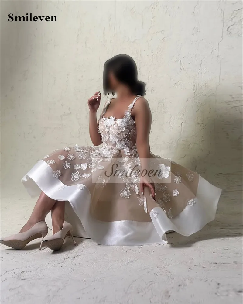 Smileven 3D Lace Flowers Wedding Dresses Champlgne Spaghetti Strao Bride Dresses Kenn Length Vestido de novia 2026 Customized