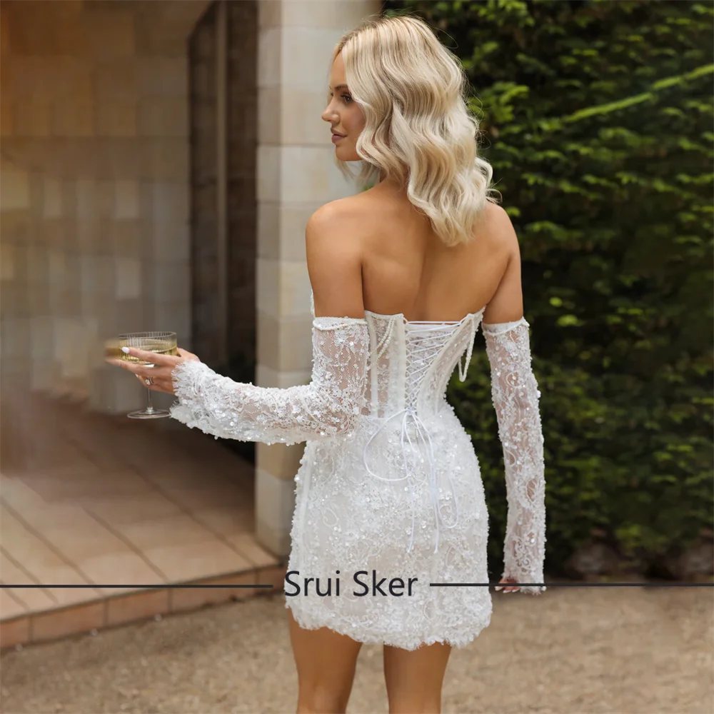 Popular Sheath Wedding Party Dress with Sequin Pearls Beading Lace Short Bridal Gown Detachable Sleeves Vestidos de Novia