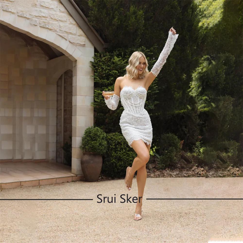 Popular Sheath Wedding Party Dress with Sequin Pearls Beading Lace Short Bridal Gown Detachable Sleeves Vestidos de Novia