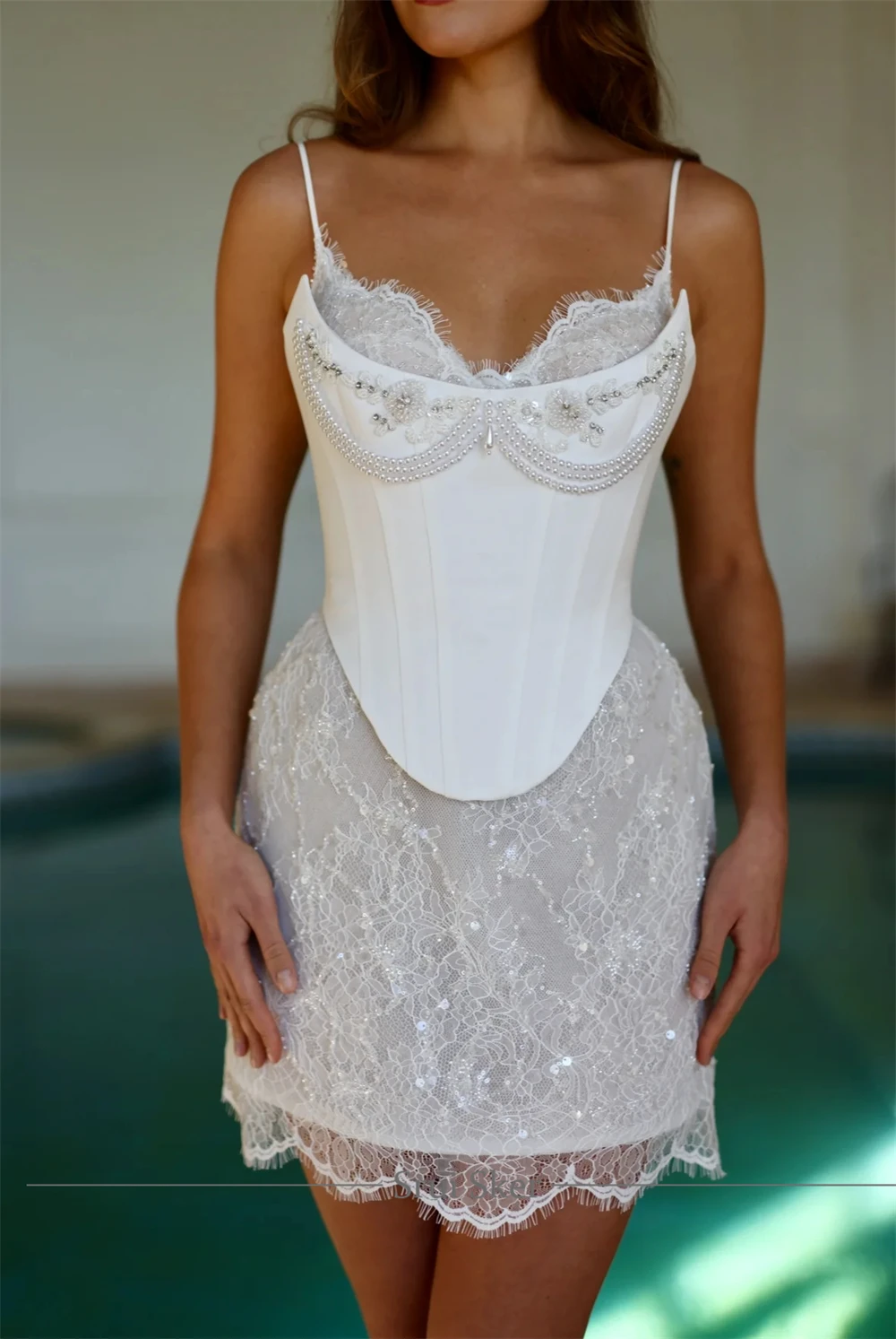 Customized Bling Crystal Wedding Dress Delicate Lace Spaghetti Straps Short Sheath Bridal Dress Sophisticated Celebration