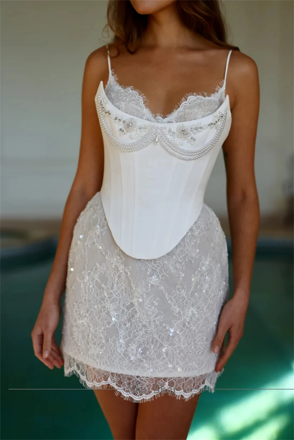 Customized Bling Crystal Wedding Dress Delicate Lace Spaghetti Straps Short Sheath Bridal Dress Sophisticated Celebration
