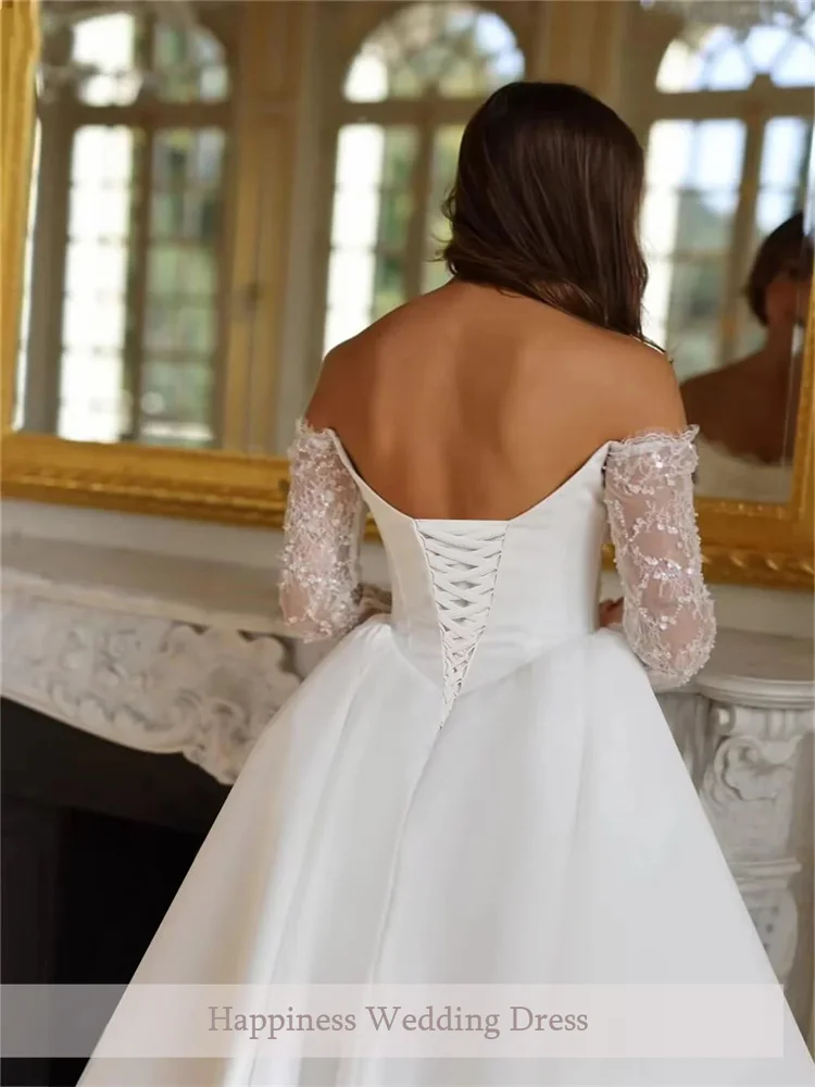 Customized Off Shoulder Long Appliques Sleeves Satin A-Line Wedding Elegant Lace-up Back Floor Length Side Slit Gown For Bride