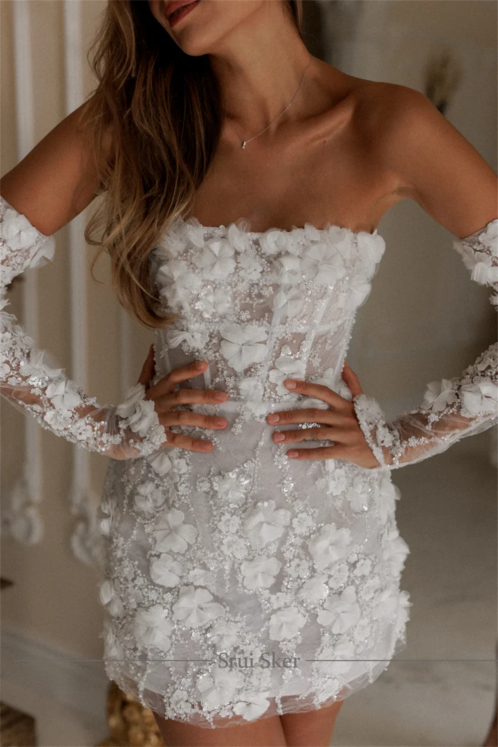 Customized Detachable Long Sleeves Short Wedding Dress Mini Elegant Embroidered 3D Flower Lace Delicate Beading Bridal Dress
