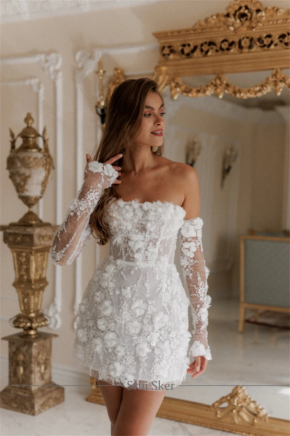Customized Detachable Long Sleeves Short Wedding Dress Mini Elegant Embroidered 3D Flower Lace Delicate Beading Bridal Dress