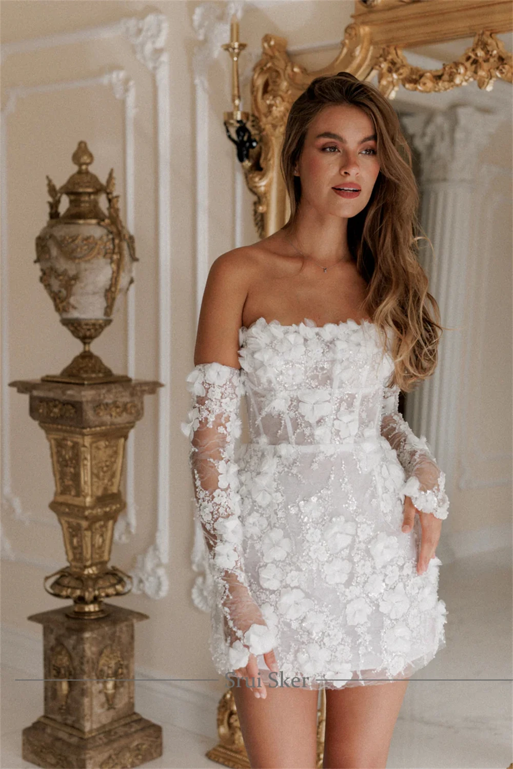 Customized Detachable Long Sleeves Short Wedding Dress Mini Elegant Embroidered 3D Flower Lace Delicate Beading Bridal Dress