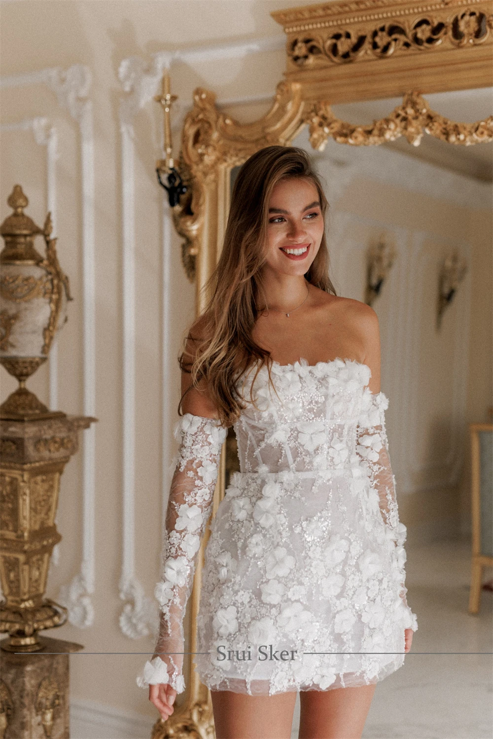 Customized Detachable Long Sleeves Short Wedding Dress Mini Elegant Embroidered 3D Flower Lace Delicate Beading Bridal Dress