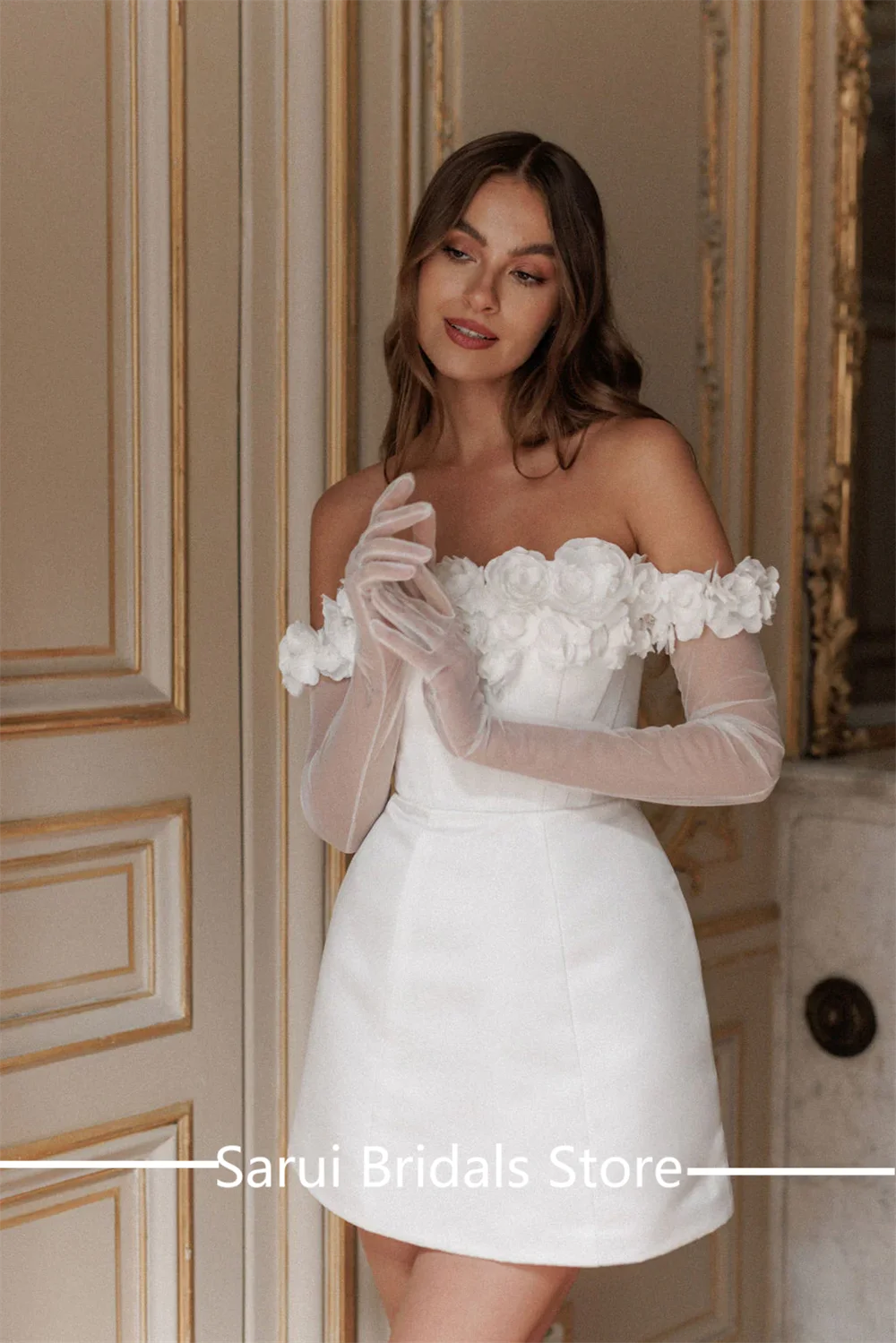 Boat Collar Satin A-line Bohemian Short Mini Wedding Gown with 3D Floral Lace Backless Lace up Wedding Bridal Dress Customized