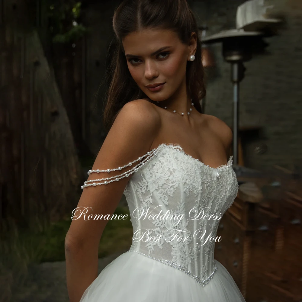 Modern Pleat Lace A-Line Wedding Dress Appliques Boat-Neck Off The Shoulder Open Back Bridal Gown Vestidos De Novia Customized