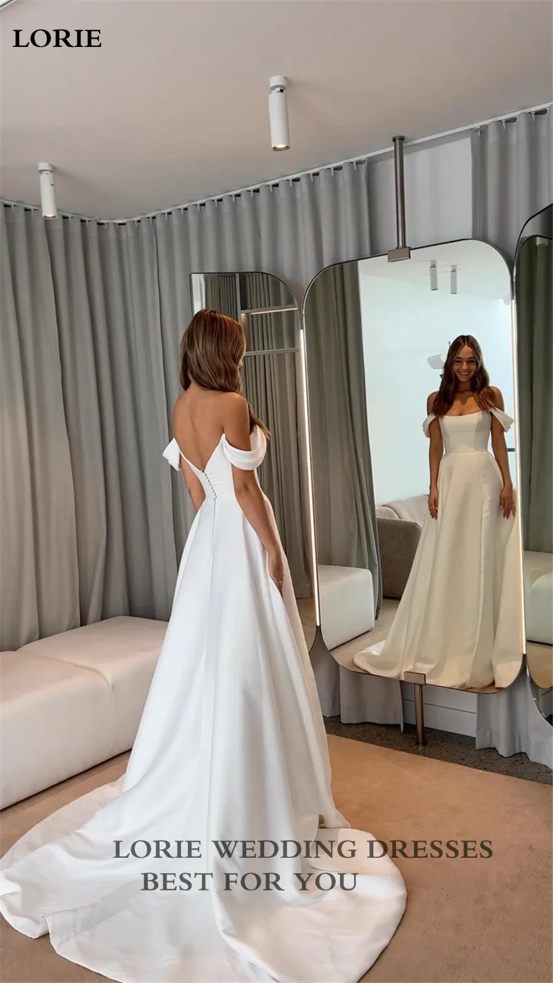 LORIE Soft Satin A Line Wedding Dresses Sleeveless Off The Shoulder Bridal Gowns Long Train Wedding Party Gowns Customized