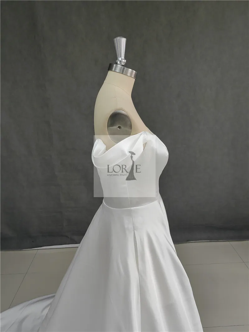 LORIE Soft Satin A Line Wedding Dresses Sleeveless Off The Shoulder Bridal Gowns Long Train Wedding Party Gowns Customized