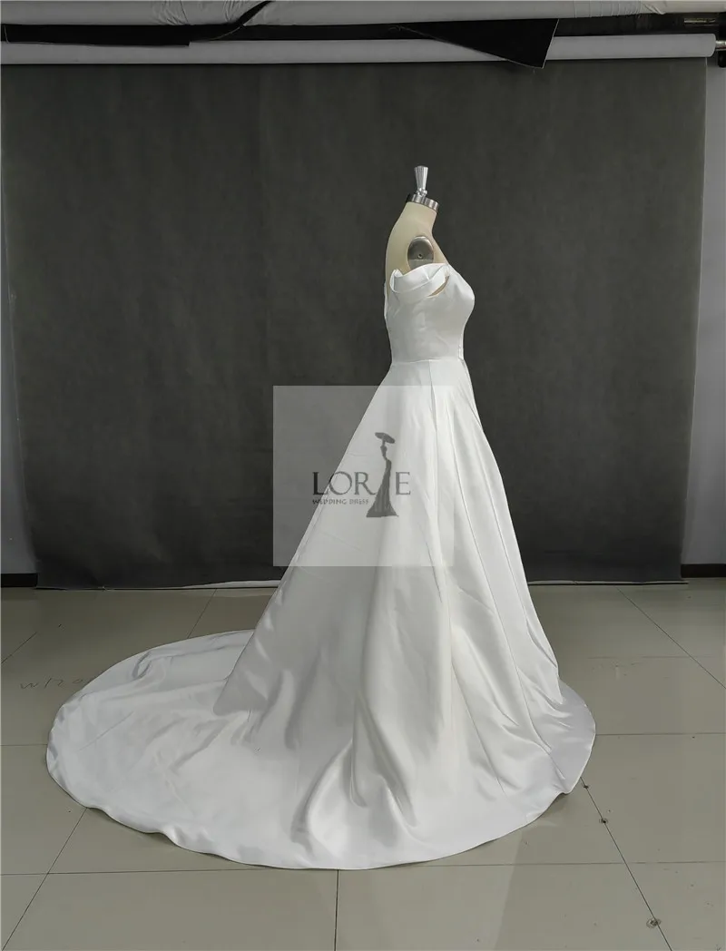 LORIE Soft Satin A Line Wedding Dresses Sleeveless Off The Shoulder Bridal Gowns Long Train Wedding Party Gowns Customized