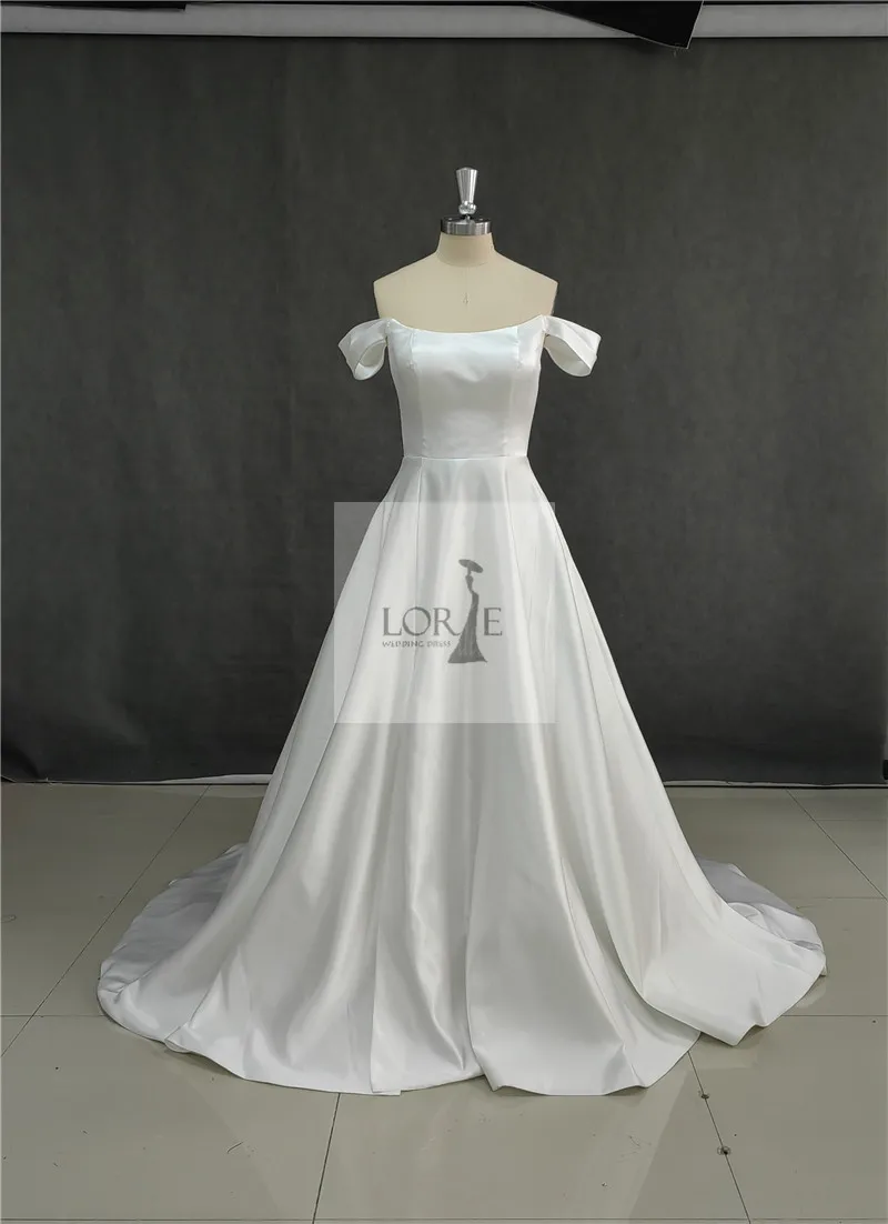 LORIE Soft Satin A Line Wedding Dresses Sleeveless Off The Shoulder Bridal Gowns Long Train Wedding Party Gowns Customized