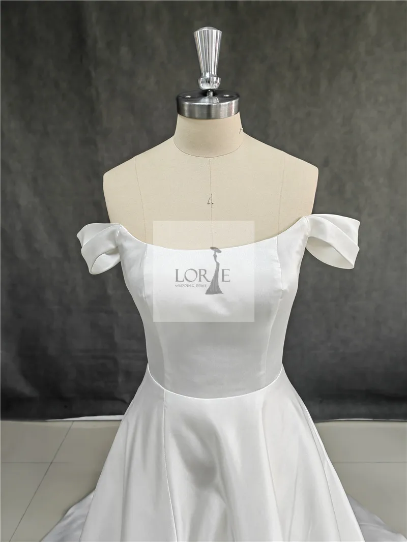 LORIE Soft Satin A Line Wedding Dresses Sleeveless Off The Shoulder Bridal Gowns Long Train Wedding Party Gowns Customized