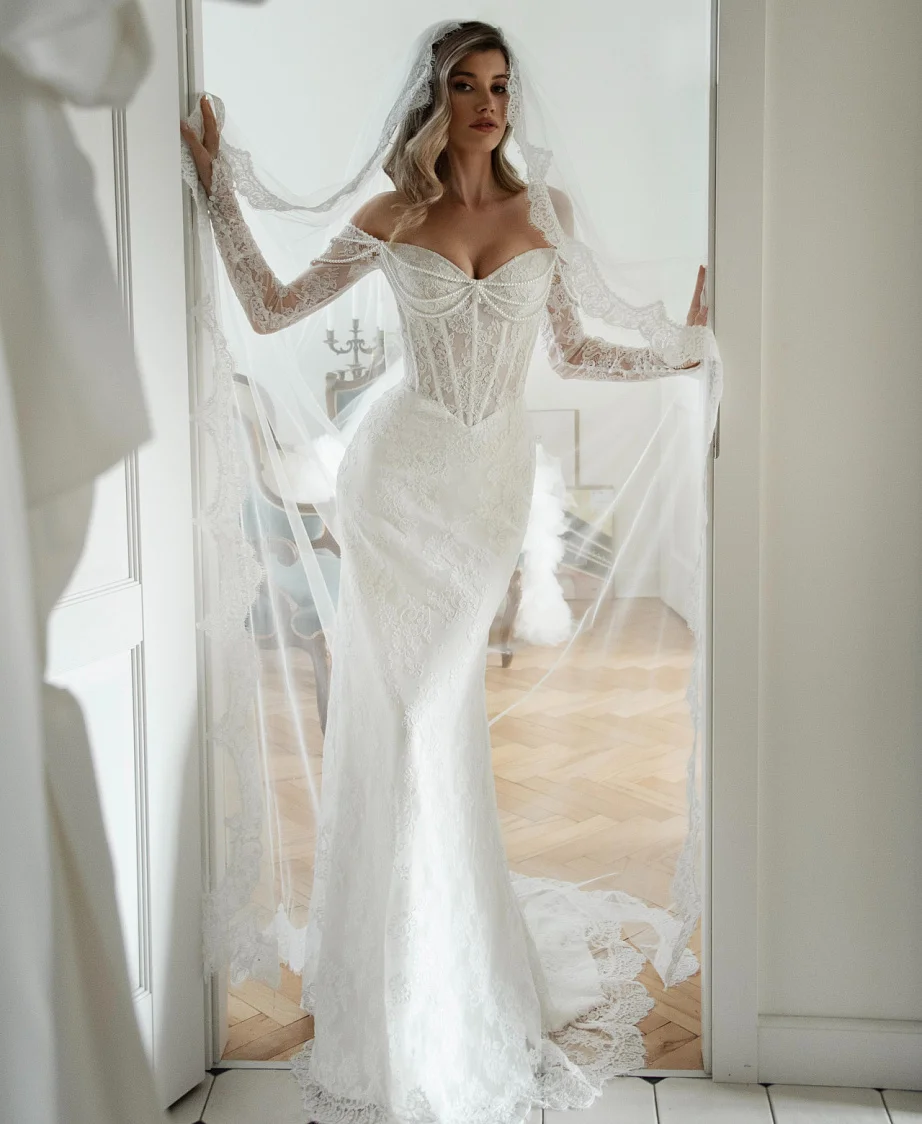 Mermaid Off Shoulder Lace Wedding Dress Appliques Sweetheart Long Sleeves Boho Bridal Gown Princess Vestidos De Novia Customized
