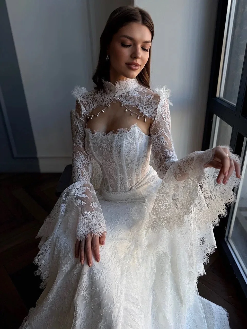 Custom Elegant White Lace Mermaid Wedding Dress High Neck Ruched Long Bell Sleeve Corset Backless Bridal Gown with Train