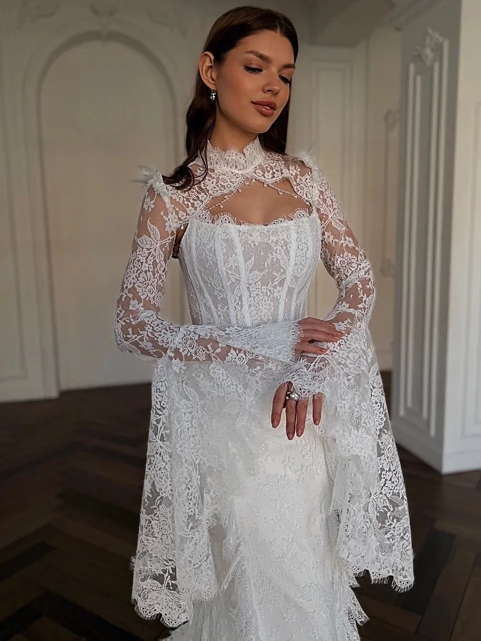 Custom Elegant White Lace Mermaid Wedding Dress High Neck Ruched Long Bell Sleeve Corset Backless Bridal Gown with Train