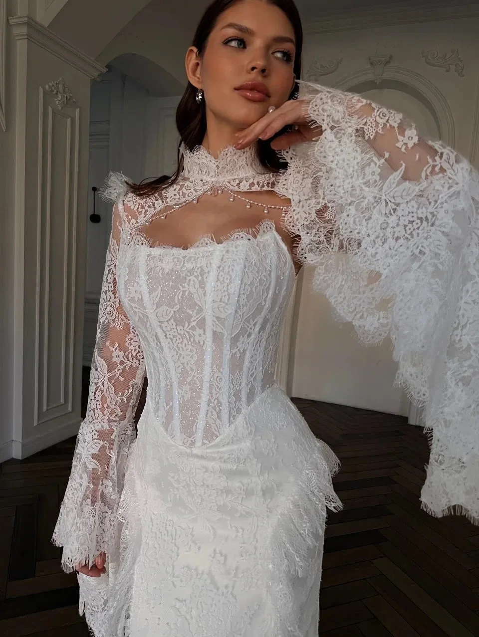 Custom Elegant White Lace Mermaid Wedding Dress High Neck Ruched Long Bell Sleeve Corset Backless Bridal Gown with Train