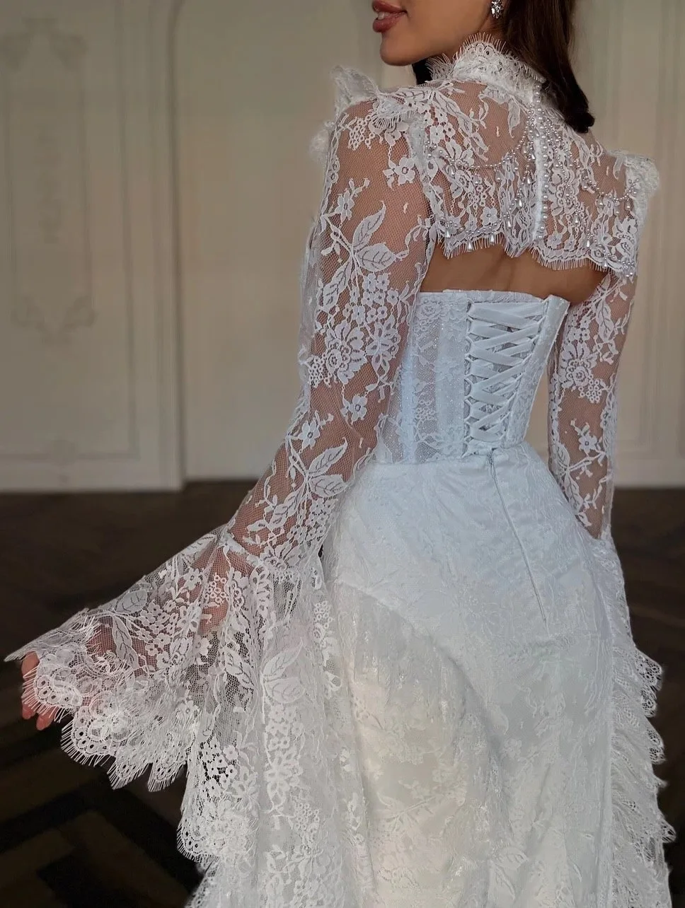 Custom Elegant White Lace Mermaid Wedding Dress High Neck Ruched Long Bell Sleeve Corset Backless Bridal Gown with Train