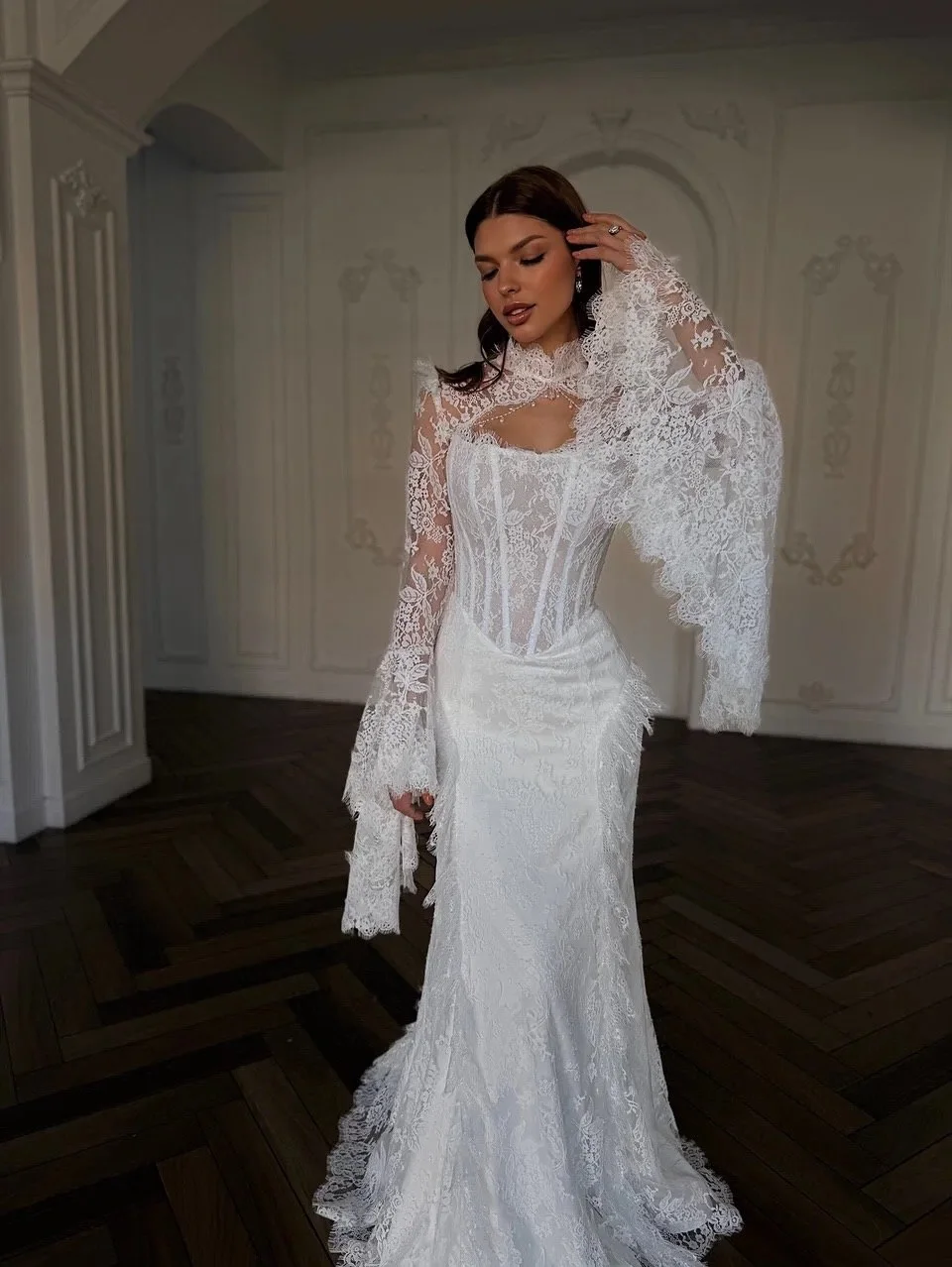 Custom Elegant White Lace Mermaid Wedding Dress High Neck Ruched Long Bell Sleeve Corset Backless Bridal Gown with Train