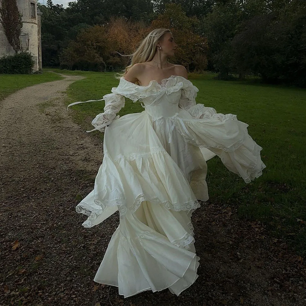 Off Shoulder Princess Wedding Dress Long Sleeve Draped A Line Floor Length Vintage Pastoral Gown Customized