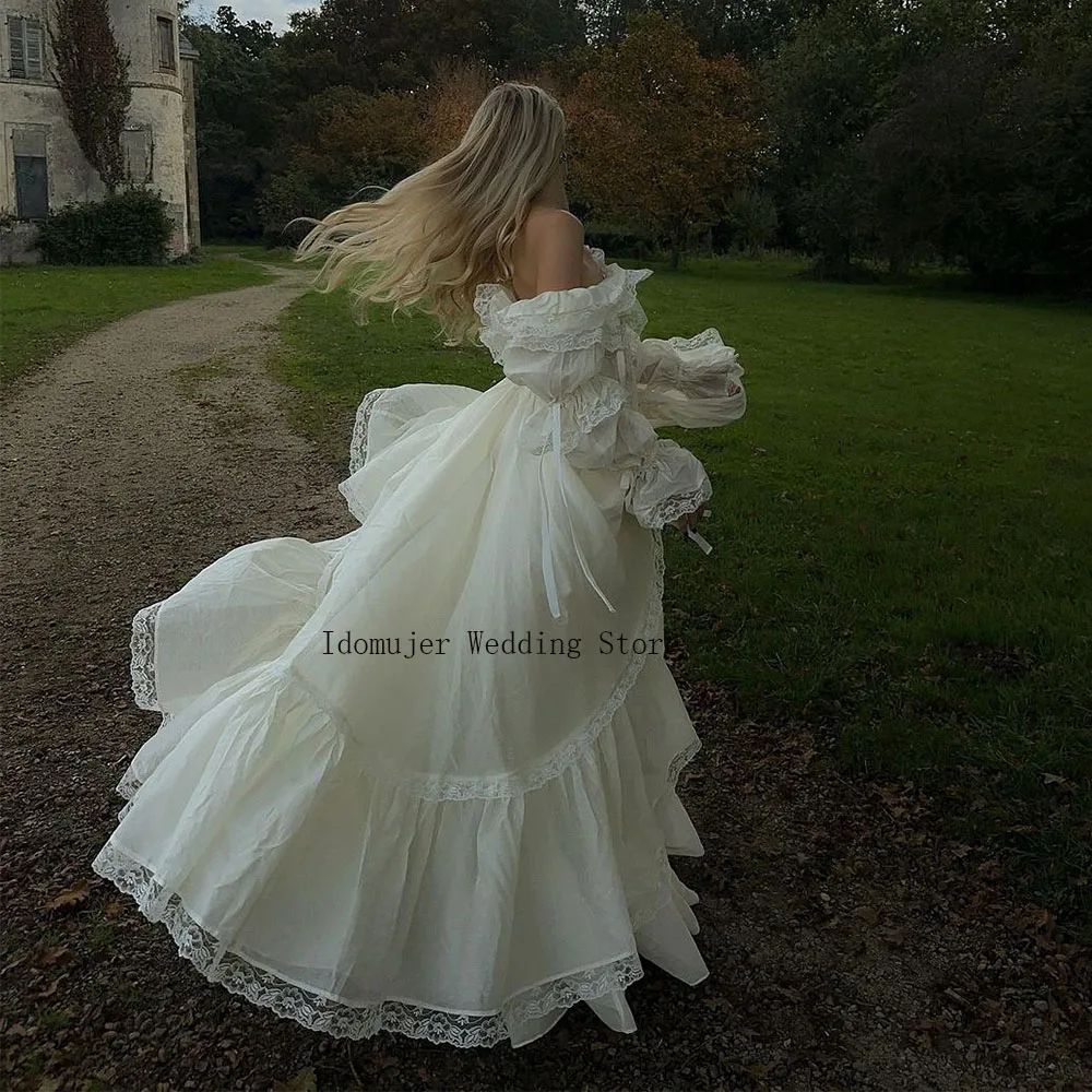 Off Shoulder Princess Wedding Dress Long Sleeve Draped A Line Floor Length Vintage Pastoral Gown Customized