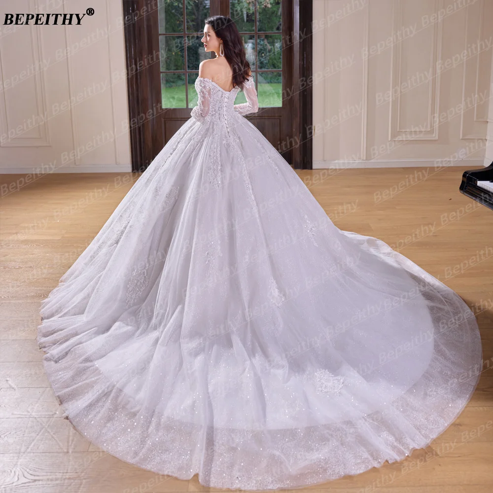 BEPEITHY Customized Sweetheart Long Sleeves Bride Wedding Dresses 2026 Women Princess Glitter Court Train Plus Size Bridal Gown