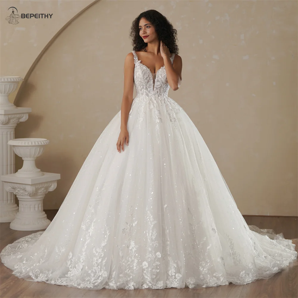 BEPEITHY Customized Sweetheart Long Sleeves Bride Wedding Dresses 2026 Women Princess Glitter Court Train Plus Size Bridal Gown