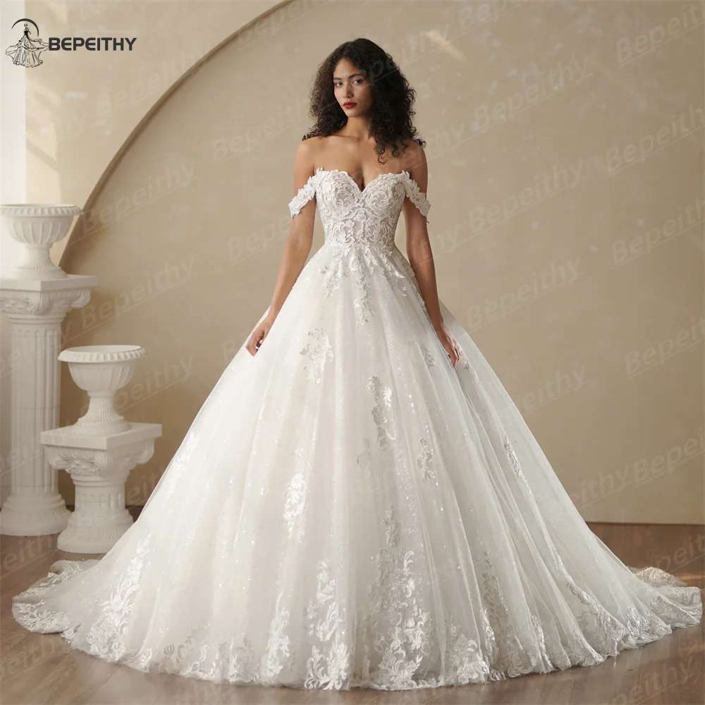 BEPEITHY Customized Sweetheart Long Sleeves Bride Wedding Dresses 2026 Women Princess Glitter Court Train Plus Size Bridal Gown