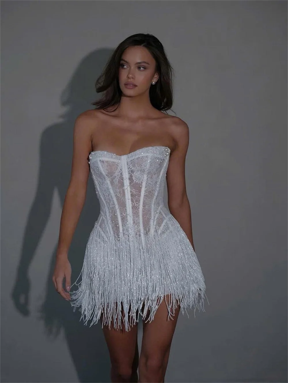 Kyoto Customized White Lace Tassel Mini Wedding Dress Strapless Sheath vestidos de noiva Lace-up Back After Party Dresses 2025