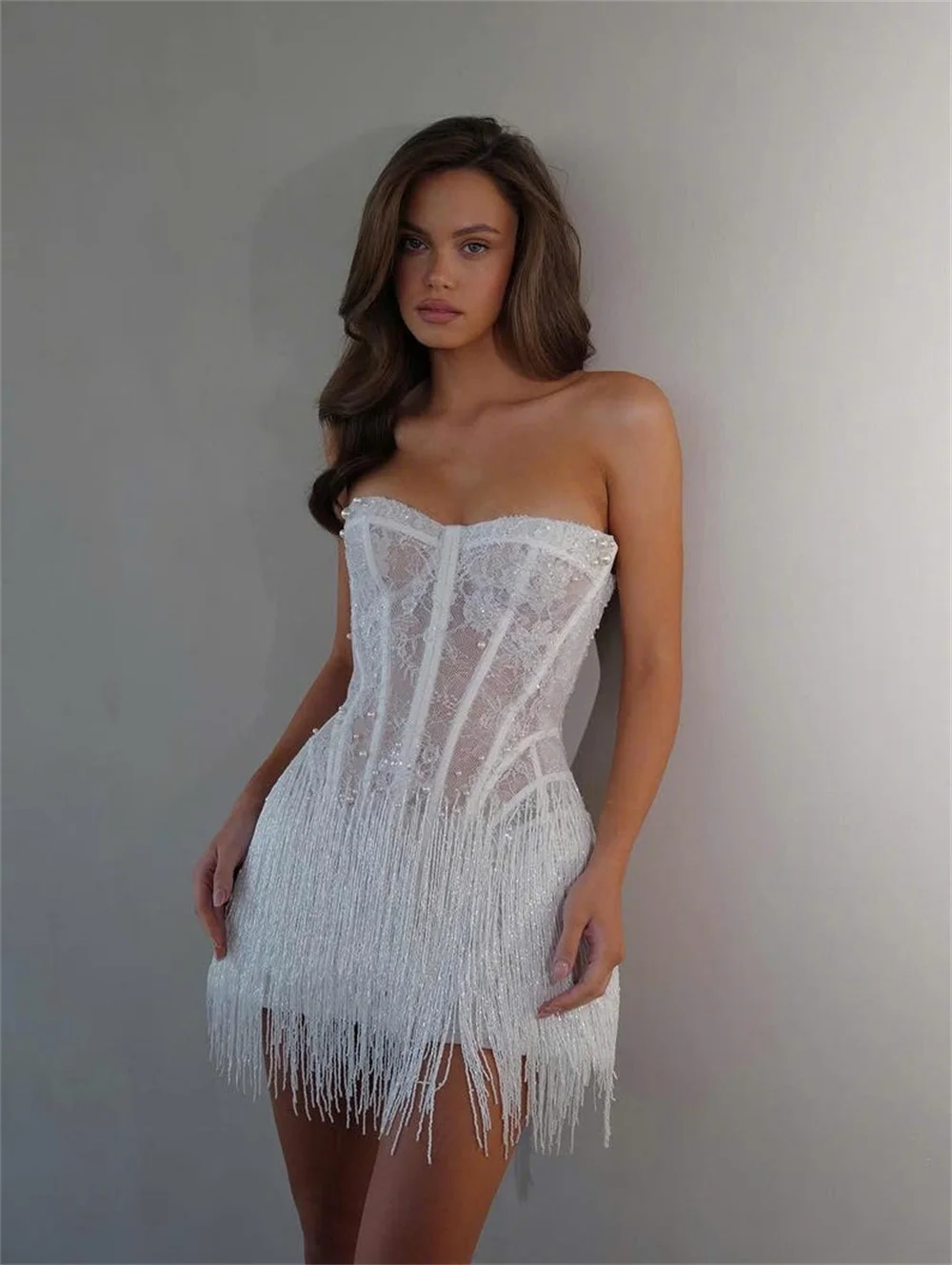 Kyoto Customized White Lace Tassel Mini Wedding Dress Strapless Sheath vestidos de noiva Lace-up Back After Party Dresses 2025